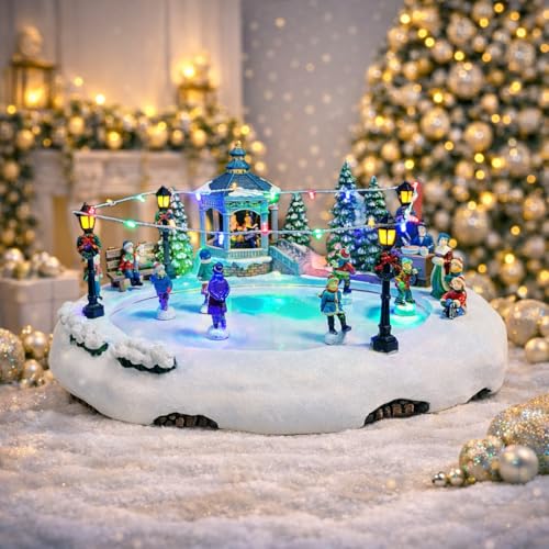 MOMENTS IN TIME Animated Skating Pond 7.28H LED Christmas Village Display with Moving Skaters Lights & Music Adapter or Battery Operated Handcrafted Polyresin Decor