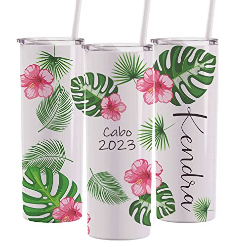 AVITO Personalized Tropical Vacation Tumbler, 20 oz Skinny Tumbler with Lid, Palm Leaf Tumblers, Beach Vacation Cup, Stainless Steel Insulated Cup, Family Vacation Cups, Travel Mug for Family Trip