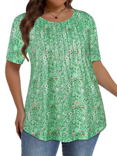 Image of Plus Size Tops for Women Pleated Summer Top Trendy Short Sleeve Shirts Casual Basic Tee Crew Neck Blouses 2026