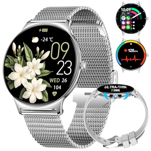 LIGE Smart Watch Women for Android iOS with Bluetooth Phone Calls 7mm Thin Round 1.43" AMOLED Elegant Ladies Smartwatch Silver,Calories, Pedometer,Heart Rate,Sleep Monitor 100+ Sport Mode
