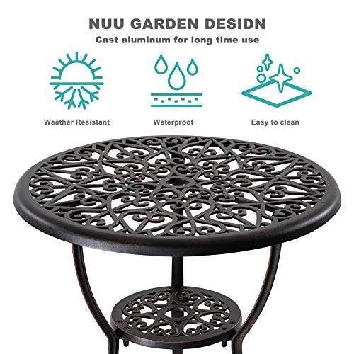 NUU GARDEN 3 Piece Outdoor Bistro Set Cast Aluminum Bistro Table Set Patio Table and Chairs with Umbrella Hole for Backyard, Balcony, Front Porch, Black