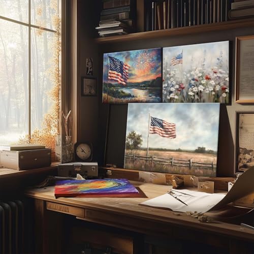 Image of 4th of July Canvas Wall Art, Sunset Lake and American Flag with Fireworks Print, Patriotic Memorial Day Independence Celebration Framed Artwork for Living Room and Porch Decor 24x30inch