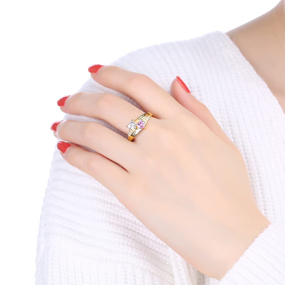 BYFDIY Anillo personalizado para madres con 1-8 piedras natales en forma de corazón de imitación y nombre grabado, anillos de promesa de plata de ley 925, joyería personalizada, anillo de compromiso