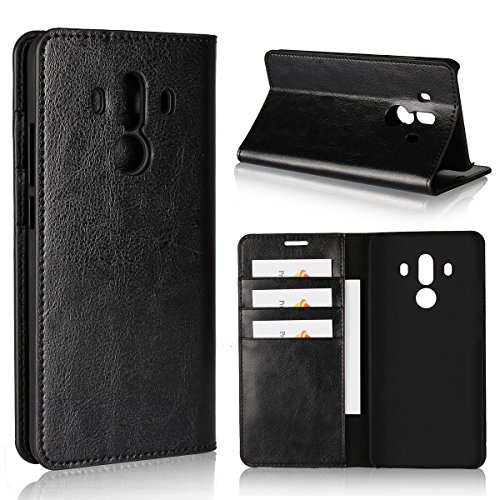 iCoverCase Compatible with Huawei Mate 10 Pro Case, Genuine Leather Wallet Case [Slim Fit] Folio Book Design with Stand and Card Slots Flip Case Cover for Huawei Mate 10 Pro(6 inch)(Black)