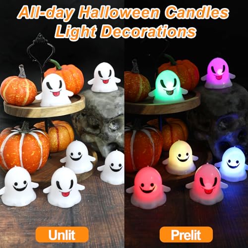 Image of KIMOBER Halloween Flameless Candles,6Pcs White Ghosts Colorful LED Candles for Indoor Halloween Decorations Home Halloween Decor