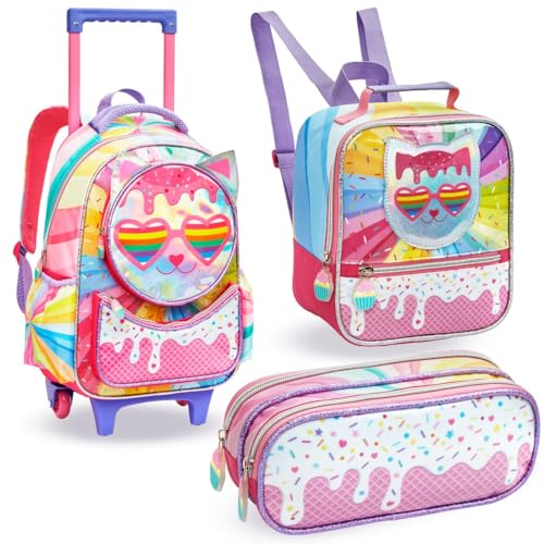 Shaolong - Kit Mochila com Rodinhas, Lancheira e Estojo Infantil Escolar Menina Unicornio 3 Peças com Rodinha