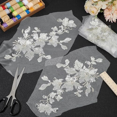 HOBBIESAY 4Pcs Embroidery Sequin Lace Appliques Silver Leaf Flowers Patches Polyester Decorative Floral Appliques Dress Gown Sewing Decorations for Fabric DIY Crafting 29.5x16x0.1cm - Image 4
