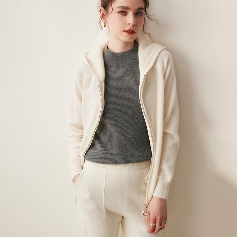 Women's Fall and Winter 100% Cashmere Zipper Open Long Sleeve Hoodie - Image 3