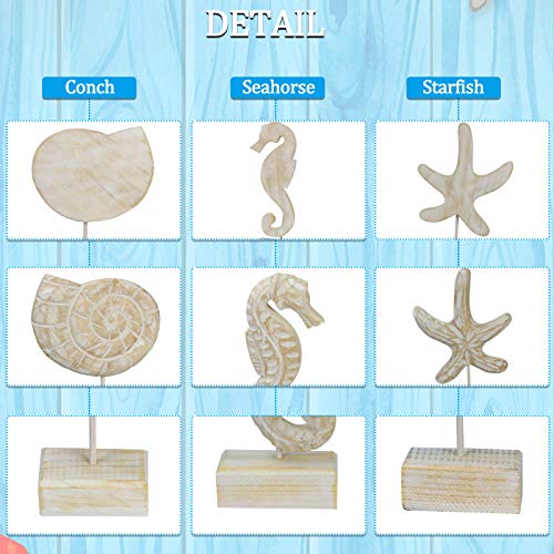 Exttlliy 3pcs Wood Handmade Beach Nautical Style Figurines Starfish/Conch/Seahorse Statue Home Decor - Image 3