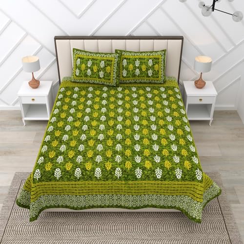 Image of RajasthaniKart Pure 100% Cotton Double Bed Sheet with 2 Pillow Covers (Bedsheet for Double Bed Cotton, Green Small Booty Jaipuri, King Size,5300)