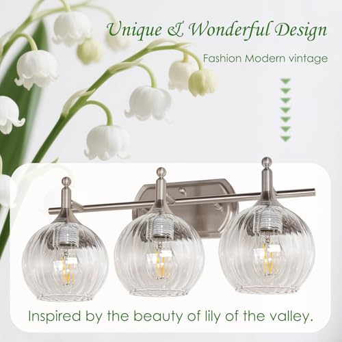 Image of Bathroom Vanity Light Brushed Nickel Bathroom Light Fixtures with Clear Glass Shade Hardwired E26 Base(Max 60W) Chrome Modern 3-Light Vanity Lights