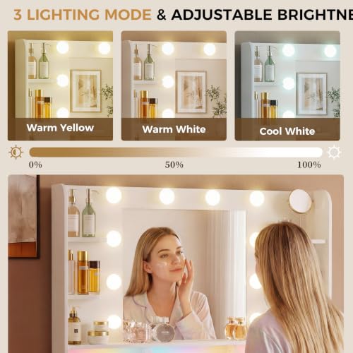 Image of LUCKRACER Vanity Desk with LED Lights Mirror & Charging Station, Makeup Vanity with Storage Drawers and Shelves, Modern Dressing Table for Women Girls Bedroom Brown