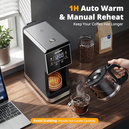 AIRMSEN Grind & Brew Coffee Maker with Built-in Grinder Programmable Single Serve Coffee Maker - 5 Cup-800ML 3 Grind Settings Auto Keep Warm & Glass Carafe for Small Home and Office