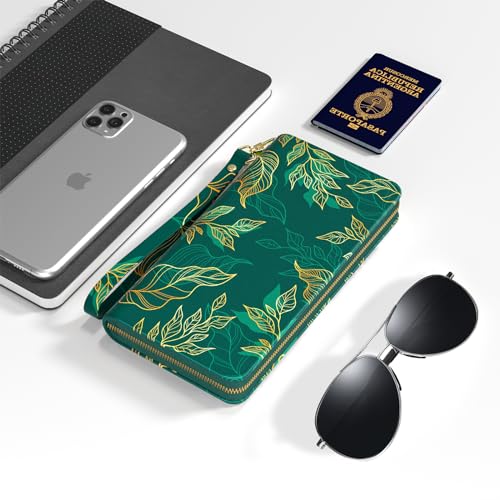 Image of Nipichsha Womens Wallet, RFID Wristlet Wallet for Women, Cute Ladies Purse, Large Credit Card Clutch Wallets, Leather Card Holder Wallets with Zipper & Phone Holder, Luxury Green Leaf, Luxury Green