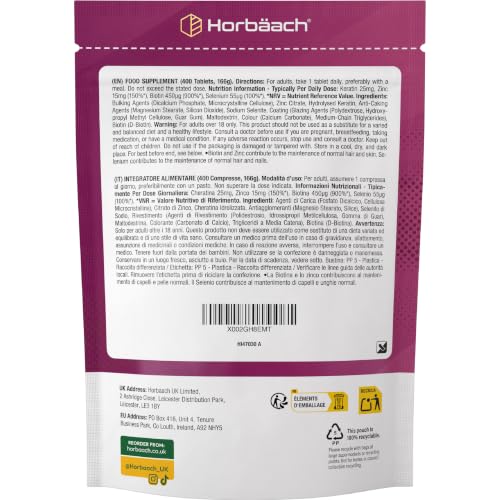 Miniatura 5 de Biotina Max con Keratina Zinc y Selenio | + de 1 Año de Suministro - 400 Comprimidos | Complejo de Vitamina B7 | Horbaach