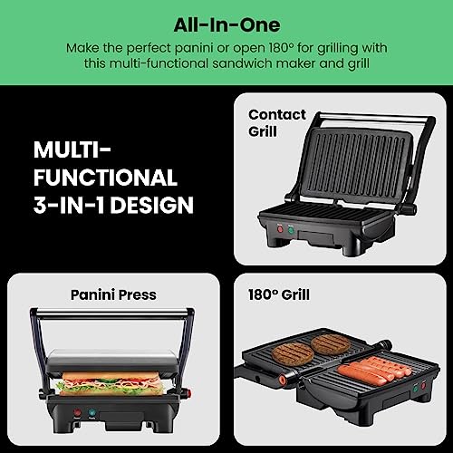Chefman Electric Panini Press Grill, Compact 2-Slice Sandwich Maker, Non-Stick Coated Plates, Opens 180 Degrees, Dishwasher Safe, Removable Drip Tray, Stainless Steel/Black by Chefman - Image 3