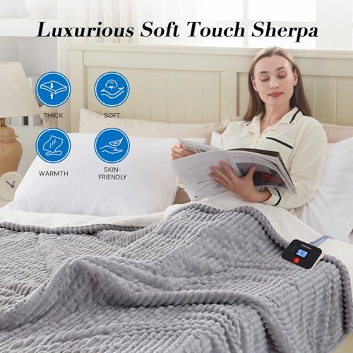 Westinghouse King Size Heated Blanket, Soft Flannel to Sherpa Reversible Electric Blanket King Size with 10 Heating Levels & 1-12 Hours Auto Shut Off, Machine Washable, (100" x 90", Light Grey)