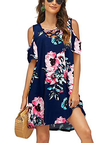 Image of Bluetime Women Cold Shoulder Summer Dress Short Sleeve Beach Casual Loose Swing Dress