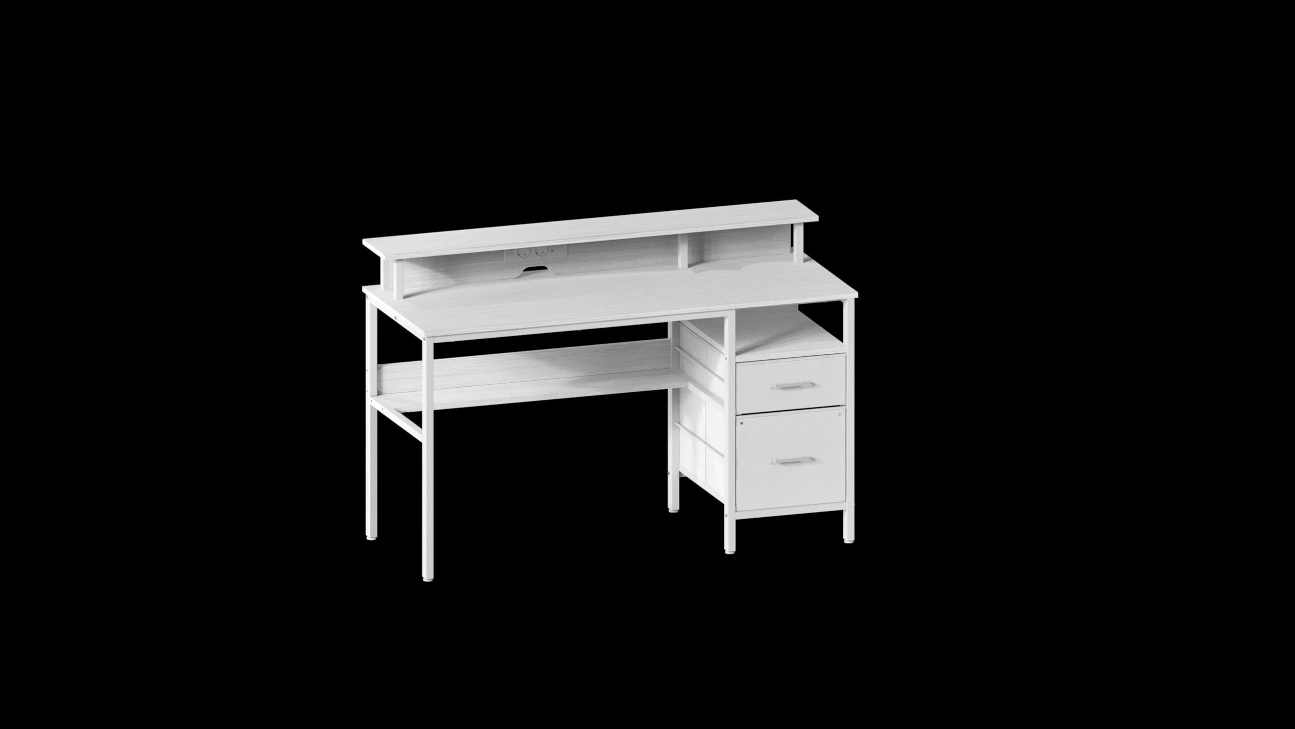 VASAGLE Biurko do gier, z szufladami z tkaniny, stół komputerowy ze stojakiem na ekran, listwa zasilająca, 2 porty USB, do domowego biura, 140 x 60 cm, biały klon LWD094W01V1