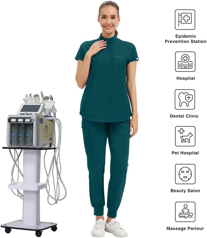 Kitmaz Women's Scrub Set - Convertible Mandarin/V-Neck Top & Jogger Pants, 9 Pockets, Wrinkle & Splash Proof