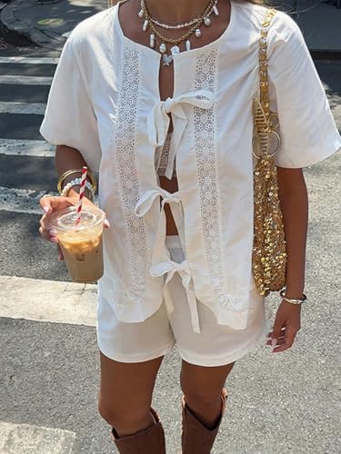 Women Summer 2 Piece Sets Short Short Sleeve Tie Front Tops and Shorts Cotton Pajamas Lounge Set3