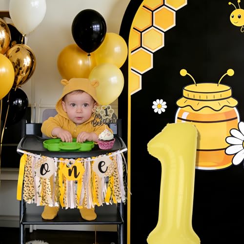 Image of Happy 1st Bee Day High Chair Banner for First Birthday Party Decorations | Bumble Bee High Chair Fabric Banner for Boys Bee First Birthday High Chair Tassel Banner for Backdrop Decorations Photo Props