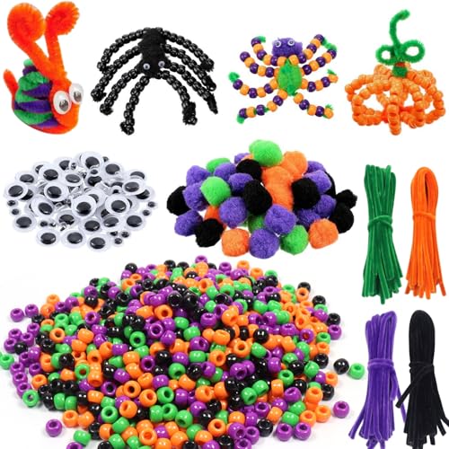 Halloween Basteln Kinder, 1000 Stück Bastelsets für Kinder, Spinnen Perlen Bastelset, Bastelsachen für Kinds, Basteln & DIY mit Bunten Perlen,Halloween Deko,Keativ Bastelns Mitgebsel Kindergeburtstag