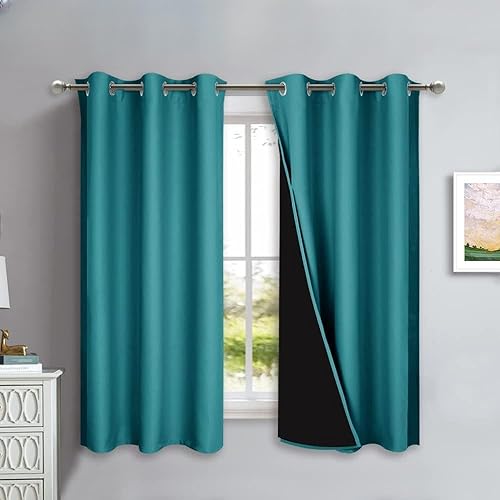 NICETOWN 100% Blackout Short Curtains with Black Liners, 2 Panels, 37" W by 40" L, Peacock Teal, Solid Thermal Insulated Full Blackout 2-Layer Lined Drapes, Energy Efficiency Window Drapes for Bedroom