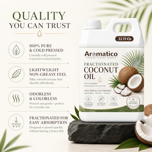 Image of AROMATICO Fractionated Coconut Oil for Skin, Massage and Essential Oil Dilution, Lightweight Carrier Oil for Body Care, Hair Care and DIY Beauty - 946 ml