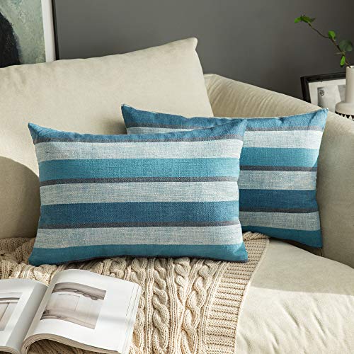 MIULEE Streifen Kissenbezüge Kissenhülle Leinenoptik Sofakissen Dekorative Kissenbezug Dekokissen Deko Couchkissen Bezug für Sofa Büro Couch Schlafzimmer Wohnzimmer 2er Set 40x60 cm Blau