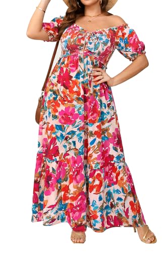 Image of Plus Size Sun Dresses Women - Summer Off the Shoulder Puff Sleeve A Line Boho Maxi Flow Long Dress 2025