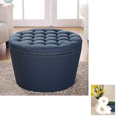 Amazon Com Better Homes And Gardens Round Tufted Storage Ottoman With Nailheads Navy With Vase Furniture Decor