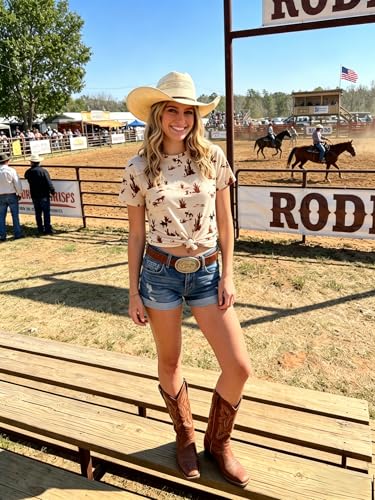 Women's Western Graphic Tees Summer Short Sleeve Rodeo T Shirts Crew Neck Casual Cute Cowgirl Tops Outfits Khaki — view 6