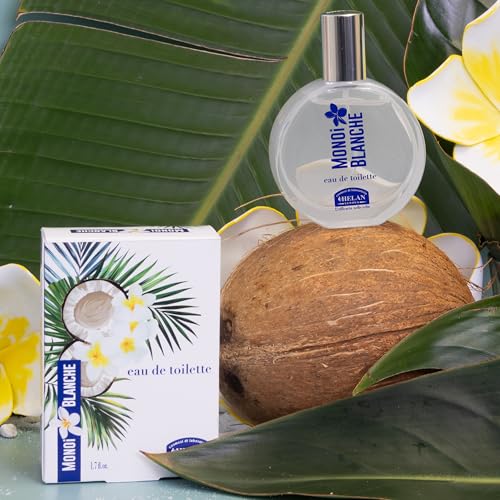 Helan Monoi Blanche perfumy damskie Woda toaletowa, zapach słoneczny, kwitnący i egzotyczny z kokosem, Monoi, Ylang Ylang, Tuberoza, biały bursztyn i wanilia, perfumy, 50 ml, wyprodukowane we Włoszech