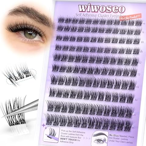 wiwoseo Press on Lashes Self Adhesive Eyelashes Clear Band Lashes Clusters No Glue Needed Self Adhesive Lash Clusters Pre Glued Eyelash Clusters Lashes Resuable Self-Adhesive False Eyelashes (8-16MM) Cover