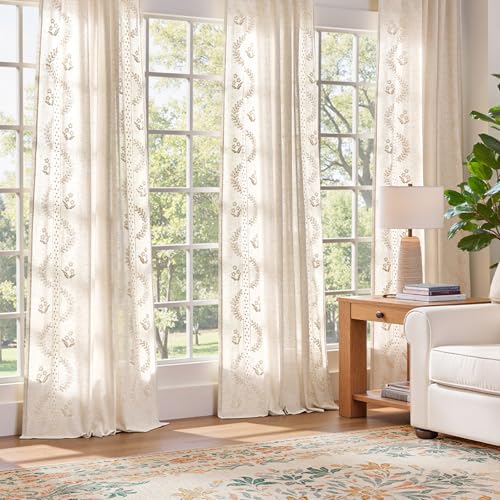 Image of jinchan Floral Linen Curtains 108 Inch Farmhouse Back Tab 2 Panels