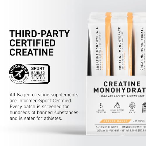 Image of Kaged Creatine Monohydrate + Max Absorption Technology | Micronized Powder Stick Packs | Orange Mango | Muscle Building & Recovery | Brain Health | Supplements for Men & Women | 25 Servings