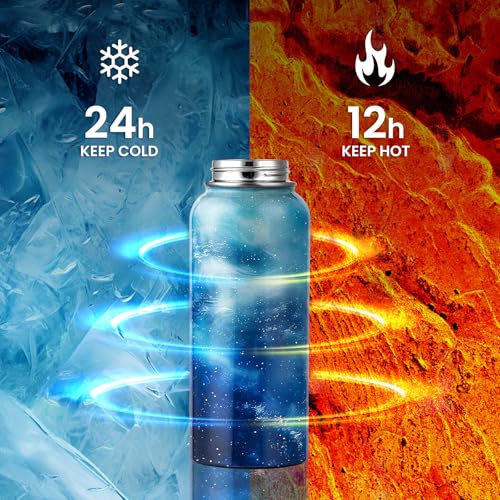 Image of RAYMYLO Insulated Water Bottle 32 oz, Triple Wall Vacuum Stainless Steel (Cold for 24Hrs, Hot for 12Hrs), Leak Proof & Non-BPA, Modern Water Flask Jug with Paracord Handle & Straw Spout Lids