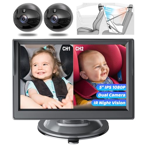 Image of Baby Car Camera Dual Channel, 5'' HD 1080P Monitor & 2 Camera, Split Screen Display, Night Vision & 150° Wide View Baby Car Mirror Camera for Rear Facing Seat Backseat, Plug and Play, 360° Rotation