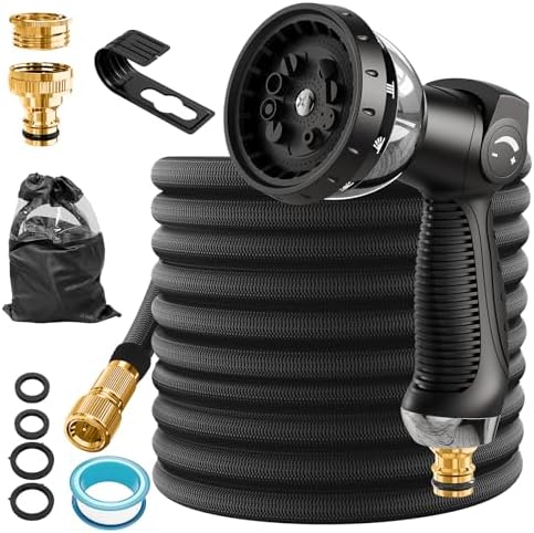 Gartenschlauch Flexibel Ausziehbarer Wasserschlauch mit 10-WegeGartenbrause | 3/4 Zoll & 1/2 Zoll Massive Messinganschlüsse, Knickfester & Dehnbarer Schlauch, Belastbar (Schwarz, 1