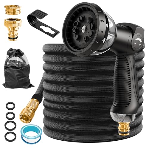 Zorenlepo Gartenschlauch Flexibel Ausziehbarer Wasserschlauch mit 10-Wege-Gartenbrause 3/4 Zoll & 1/2 Zoll Massive Messinganschlüsse Knickfester & Dehnbarer Schlauch Belastbar (Schwarz 7.5M)