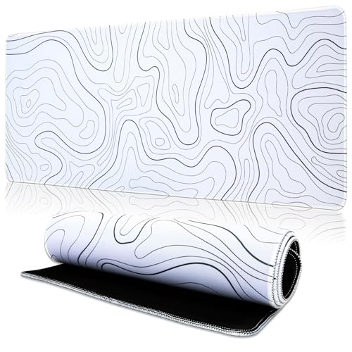 TOPWAYS Mouse Mat Mouse Pad Large Desk Mat Gaming Mouse Pad Keyboard Mat Desk Pad Mousemat Extend Long Mouse Mat for Keyboard and Mouse 800 x 300 x 3mm (White Topographic)