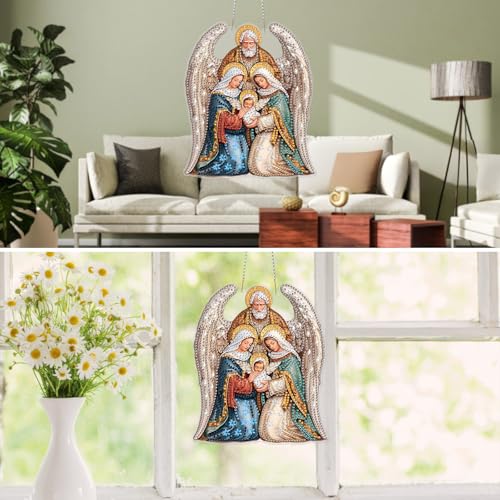 MXJSUA Diamond Painting Adulte Pendentif, Diamond-Painting Hanging, Diamant Painting Suspendus avec Chaîne pour Jardin, Porte et Fenêtre Décoration 20x20CM （Ange Jésus） – vue 3