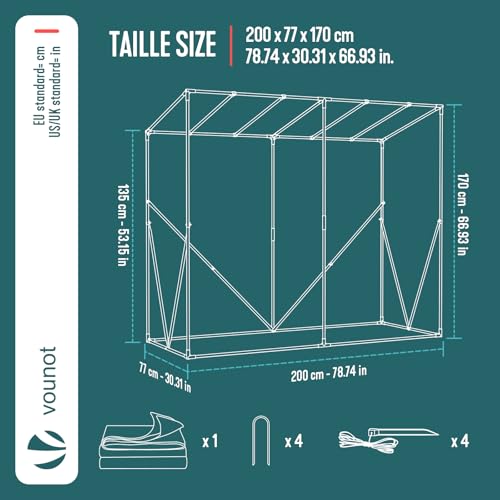 VOUNOT Gewächshaus Foliengewächshaus 200x77x170 cm, Schrägdach Tomatengewächshaus mit 2 Sichtfenster, Stabil Tomatenhaus für Gemüse, Blumen & Obst, Verstärkte PE-Folie 135g/m², Weiß