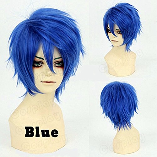 S-noilite Short Cosplay Full Wig Women Mens Male Anime Fluffy Straight Synthetic Hair Wig Cool Halloween Party Costume (Blue)