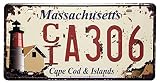 Massachusetts CT A306 Cape Cod & Istands Metal Sign Retro Vintage Auto License Plate, Car Vehicle License Plate Souvenir 6x12 inch License Plate