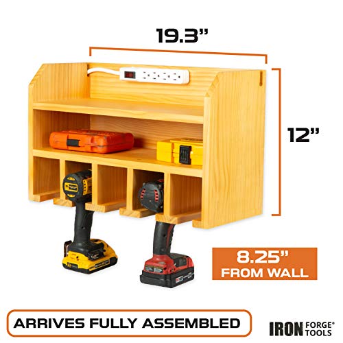 Iron Forge Tools Power Tool Organizer for Garage - Fully Assembled Wood Tool Chest and Drill Charging Station - Great Workshop Organization and Storage Gift for Men