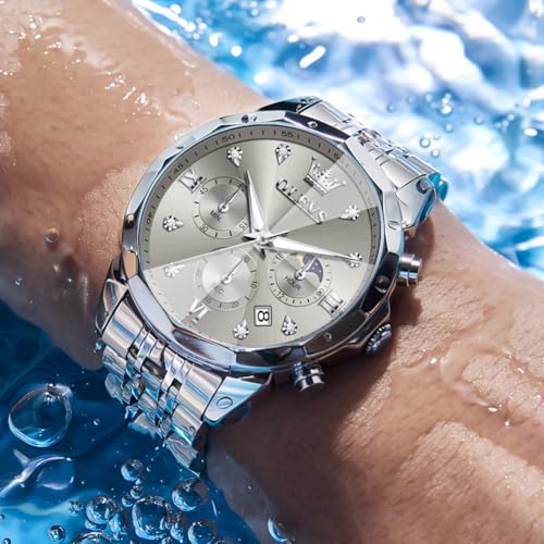 Image of OLEVS Watch for Men Luxury Gold Diamond Chronograph Business Wristwatch with Analog Quartz, Date Calendar, Stainless Steel Band, Luminous Hands, Waterproof