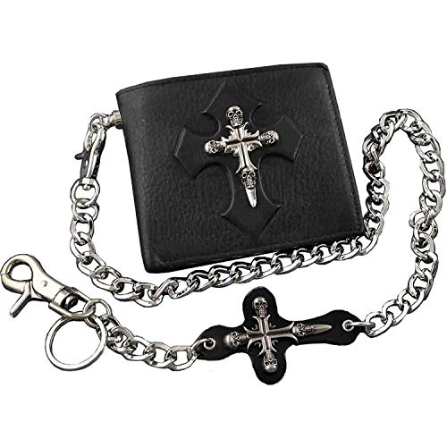 Skull Cross Mens Leather Bifold ID Card Money Wallet W/Jeans Chain