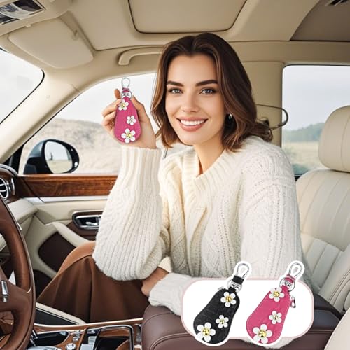 Energather Key Case，2 Pcs Cute PU Leather Car Key Case with Zipper, Fashion Small Keychain Wallet with Flower Pattern (Pink, White) by Energather - Image 8